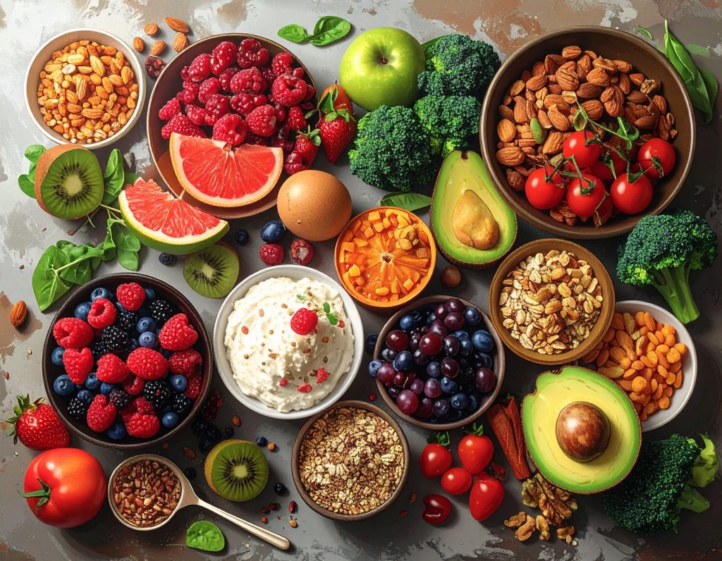 bien être, nourriture saine : fruits, légumes, fruits secs, 