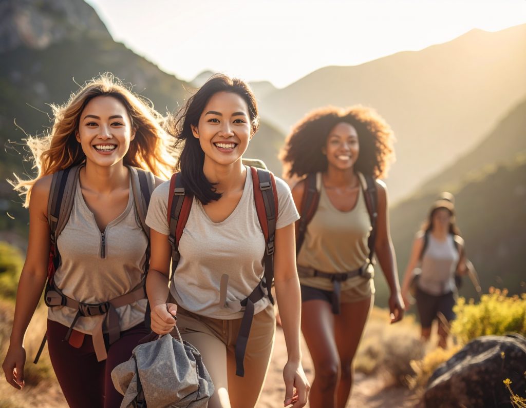 bien-être, femmes faisant de la randonnée